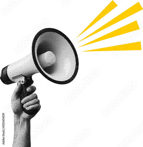 Hand holding megaphone transparent background, Megaphone in hand bitmap Y2K collage element promotion banner