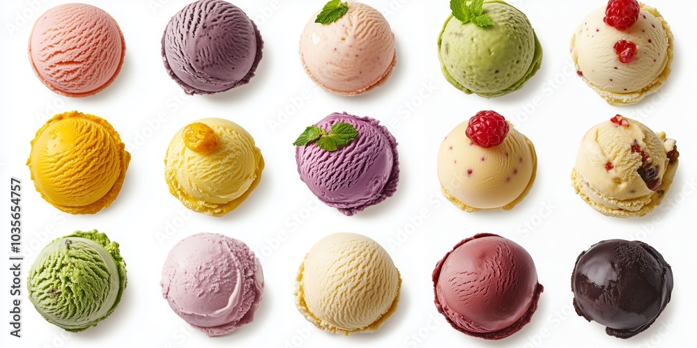 Set of different ice cream scoops isolated on white background. Top view. Ice cream scoops, berries and mint leaves close-up. Organic frozen yogurt summer dessert. Pattern ice cream ball Set of different ice cream scoops isolated on white background. Top view. Ice cream scoops, berries and mint leaves close-up. Organic frozen yogurt summer dessert. Pattern ice cream ball