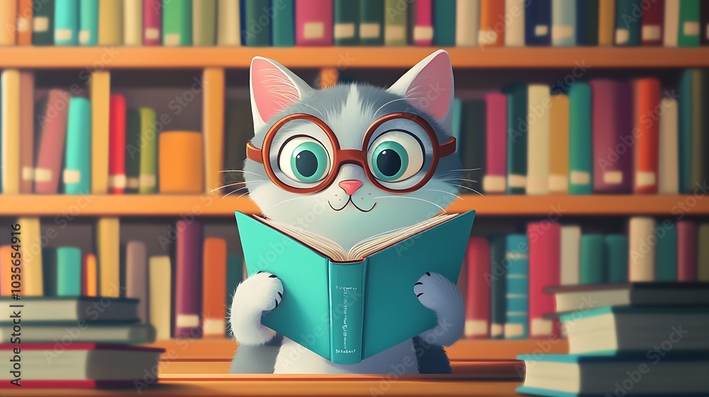 A cute 2D cartoon character of a clever cat reading book in library A cute 2D cartoon character of a clever cat reading book in library