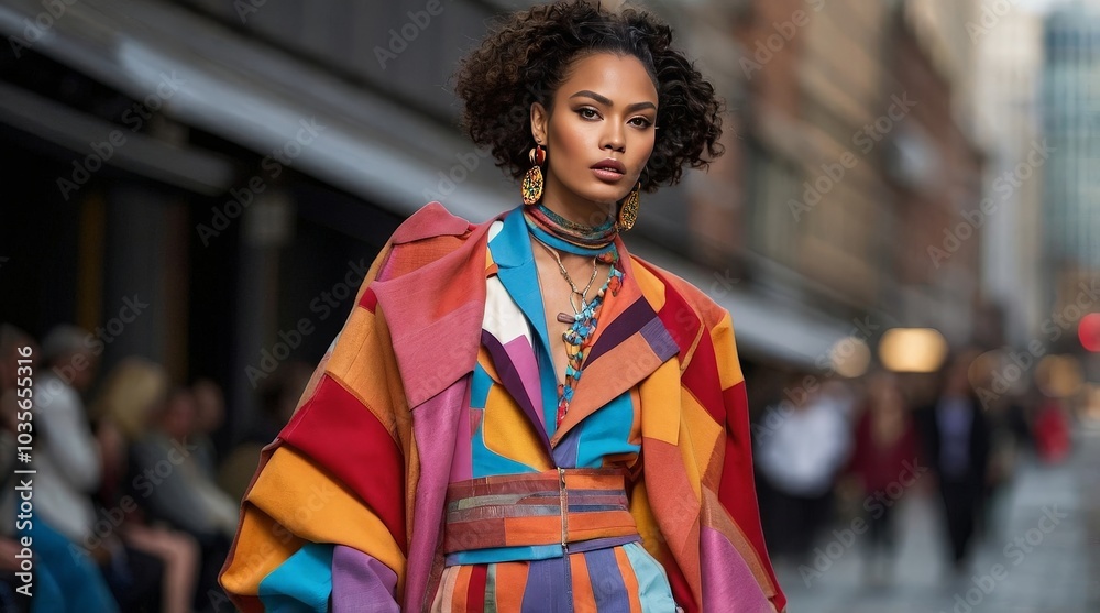 Bold and Vibrant: A Fashion Statement on the Runway Showcasing a Stunning Model in a Colorful, Striking Ensemble Bold and Vibrant: A Fashion Statement on the Runway Showcasing a Stunning Model in a Colorful, Striking Ensemble