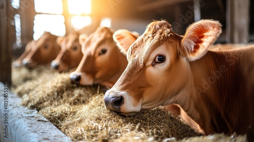 A group of cows feeding in a barn, with warm sunlight illuminating the scene.