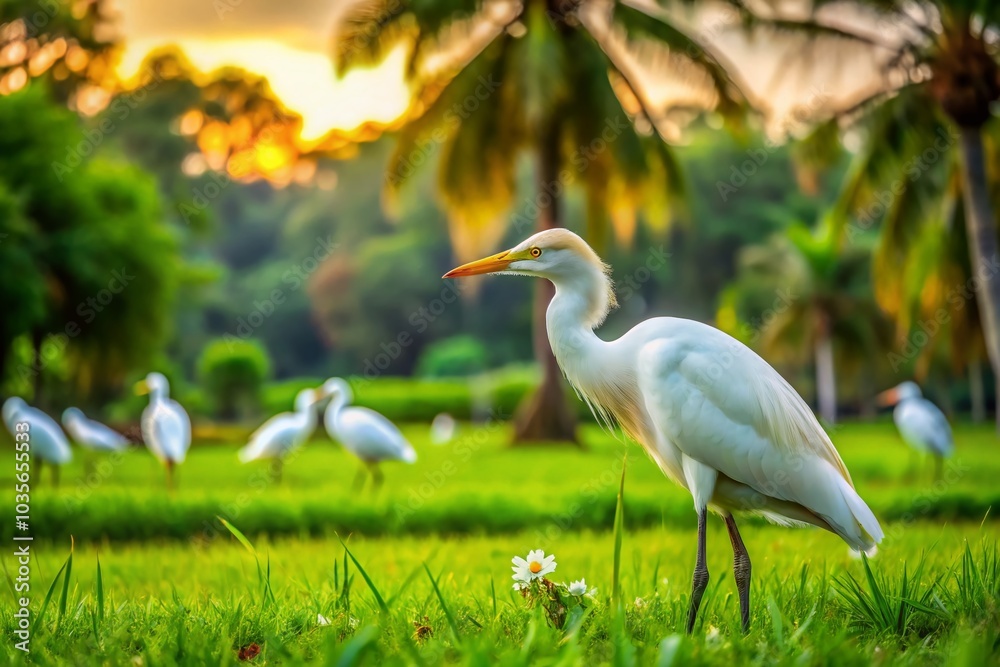 Fototapeta premium Cattle Egret foraging in lush grasslands: A serene park scene with a white egret hunting for insects
