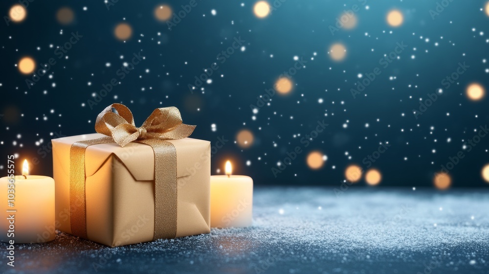 Festive gift box with candles and sparkling snowflakes Festive gift box with candles and sparkling snowflakes