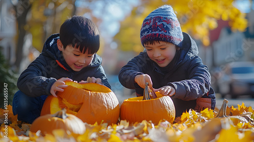 A photo of kids carving pumpkins, with colorful autumn leaves as the background, during a sunny afternoon photo