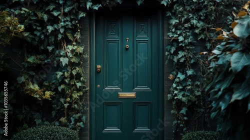 A green door framed by ivy, inviting and serene, suggesting a hidden entrance.