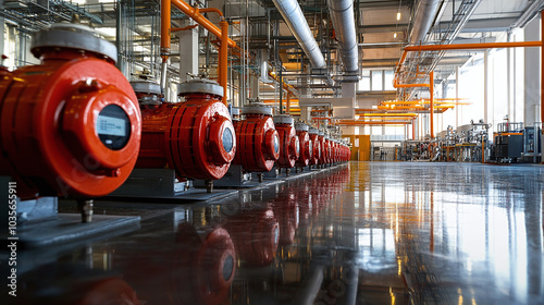 A row of bright red heating pumps inside a modern industrial facility. The sleek design of the pumps is set against a clean, well-lit space, showcasing advanced technology in energy systems. photo