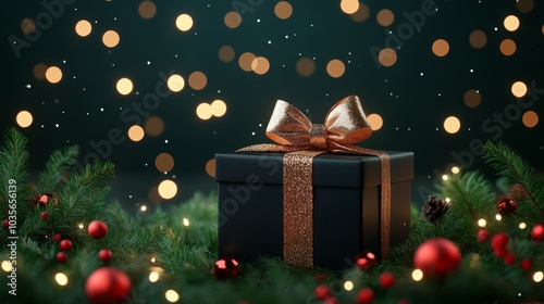 Elegant Christmas gift box surrounded by festive decorations