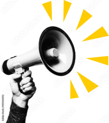 Advertising megaphone in hand transparent background, collage element sound symbols, Megaphone in hand bitmap Y2K collage element