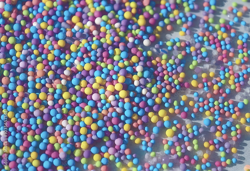 A vibrant and colorful array of small, round, multicolored beads or sprinkles spread out in a close-up view