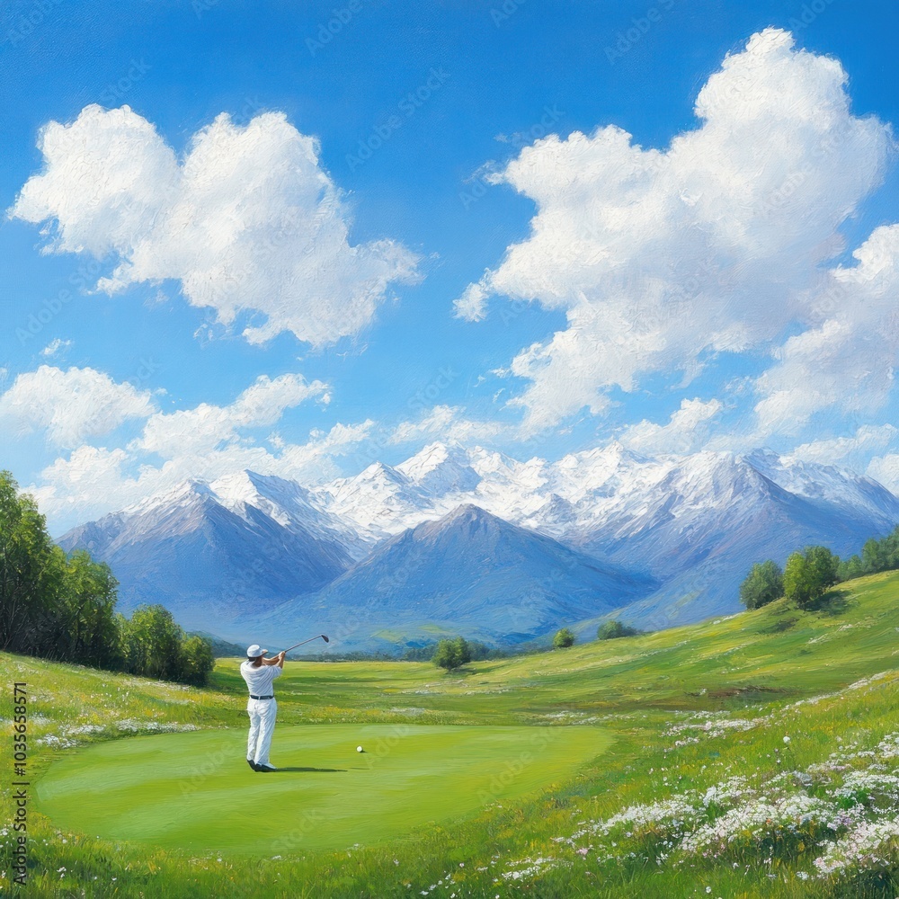 A serene golf scene with a golfer on a lush green course, surrounded by majestic mountains and a clear blue sky.
