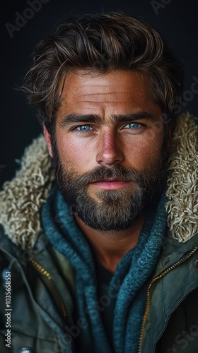 attractive young man with a rugged beard posing confidently for the camera showcasing his charisma and stylish hipster fashion against a simple backdrop