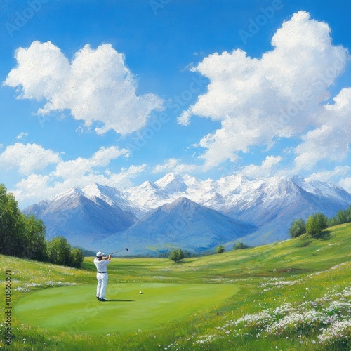 Obraz na płótnie A serene golf scene with a golfer on a lush green course, surrounded by majestic mountains and a clear blue sky. w salonie