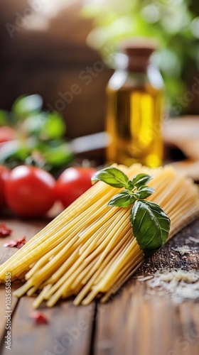 Fresh ingredients for classic Italian pasta dish: golden spaghetti, ripe tomatoes, aromatic basil, and extra virgin olive oil on rustic wooden table.