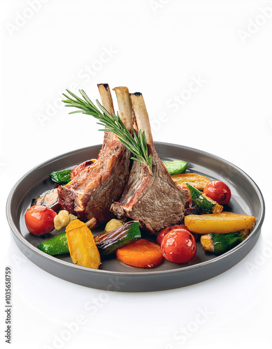 Succulent roasted rack of lamb, perfectly seasoned and adorned with fresh rosemary. Served with a medley of roasted vegetables, creating a delightful culinary masterpiece. photo