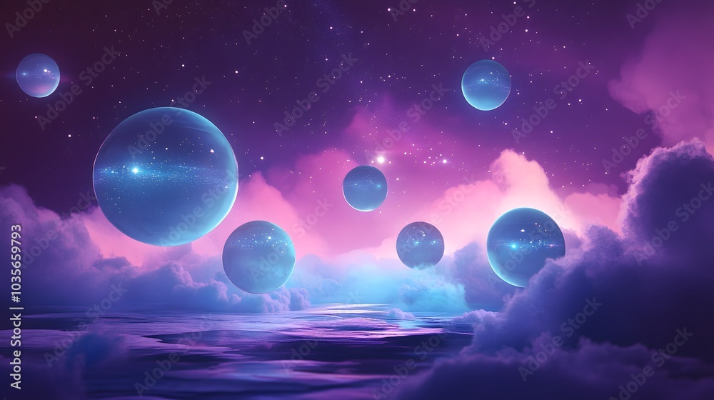3D glowing orbs floating through a 2D night sky blending styles 3D glowing orbs floating through a 2D night sky blending styles