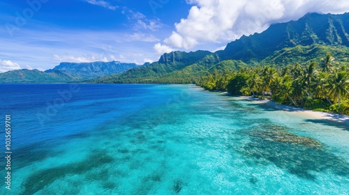 A stunning tropical landscape with clear turquoise waters, lush greenery, and majestic mountains under a bright blue sky.