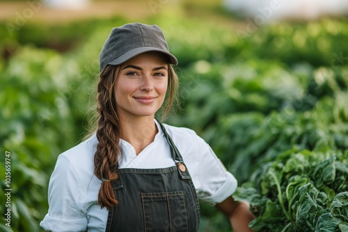 Female chef leaving a farm field with fresh vegetables, Generative AI photo