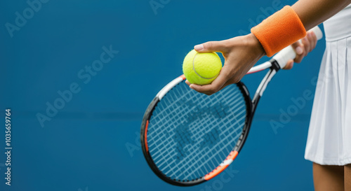 Closeup of a tennis player holds a tennis ball and a racket in hand, ready to serve. 