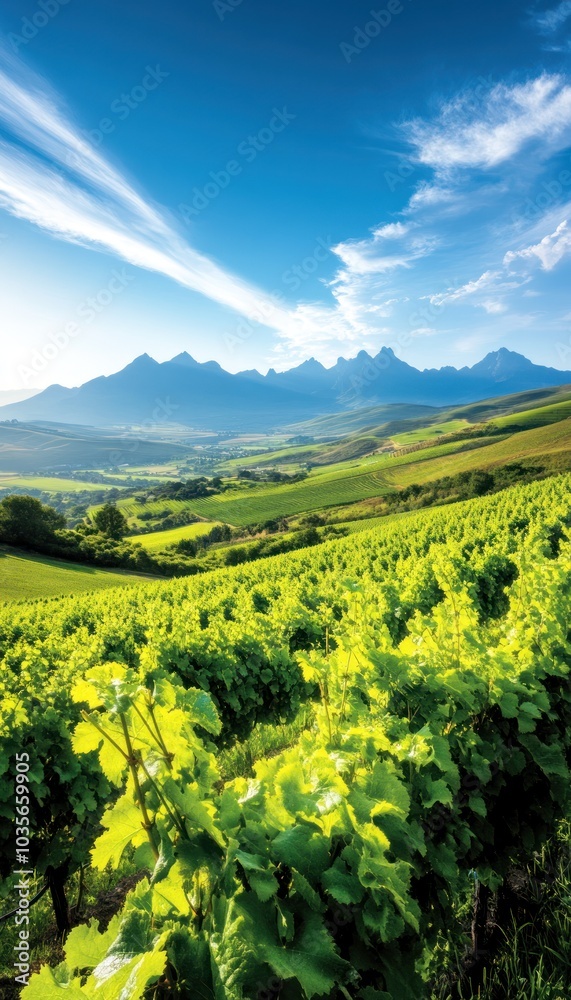 A picturesque vineyard landscape under a clear blue sky, showcasing lush grapevines and majestic mountains in the background. A picturesque vineyard landscape under a clear blue sky, showcasing lush grapevines and majestic mountains in the background.