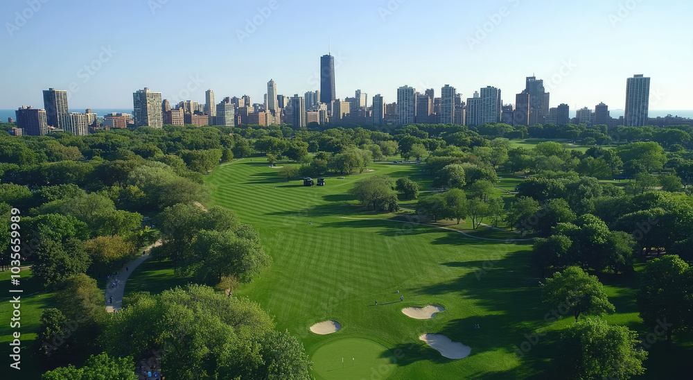 A wide aerial view of an open field in the middle with dirt sand and grass, surrounded by trees and buildings, showing Chicago's skyline. A wide aerial view of an open field in the middle with dirt sand and grass, surrounded by trees and buildings, showing Chicago's skyline.