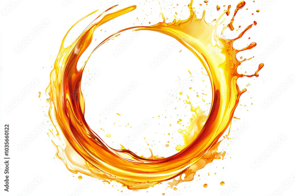 A dynamic splash of oil in a circular shape, beautifully suspended against a clean white background. A dynamic splash of oil in a circular shape, beautifully suspended against a clean white background.