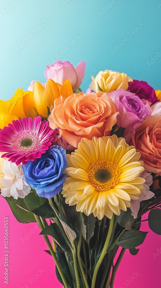 Vibrant bouquet of colorful flowers including roses, gerberas, and sunflowers against a bright blue and pink background, creating a cheerful and lively composition. Vibrant bouquet of colorful flowers including roses, gerberas, and sunflowers against a bright blue and pink background, creating a cheerful and lively composition.