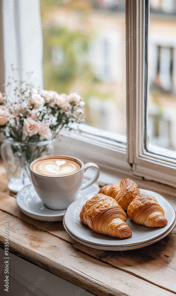 A latte with delicate foam art sits beside a plate of three croissants on a rustic windowsill. A latte with delicate foam art sits beside a plate of three croissants on a rustic windowsill.