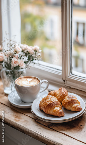 A latte with delicate foam art sits beside a plate of three croissants on a rustic windowsill.