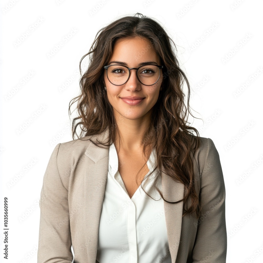 Smiling woman in glasses with long hair, wearing blazer indoors during daylight Smiling woman in glasses with long hair, wearing blazer indoors during daylight