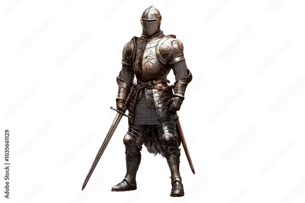 medieval European knight in full armor, isolated on a white background medieval European knight in full armor, isolated on a white background