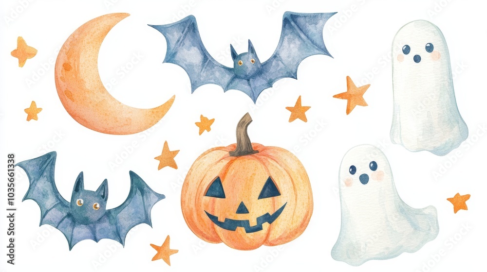 Fototapeta premium Watercolor of Cute Halloween Elements in Composition