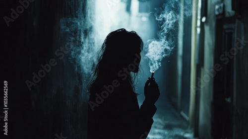 A dark alleyway scene where a figure prepares to commit a crime, the glow of a cigarette lighting up their face, intense and foreboding atmosphere,