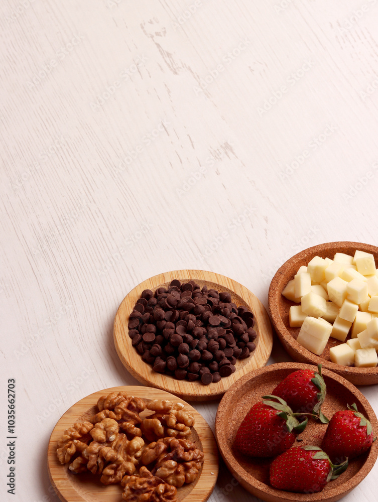 menu snack ingredient photo chocolate chips strawberry walnut cheese dessert sweet food kitchen set menu snack ingredient photo chocolate chips strawberry walnut cheese dessert sweet food kitchen set