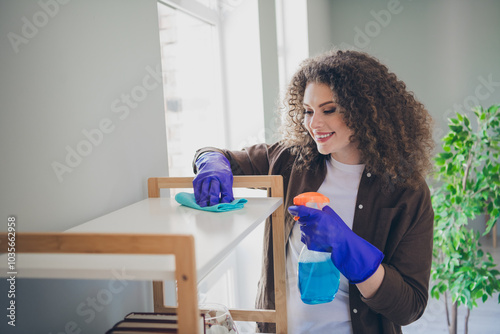 Photo of beautiful house wife young woman in casual shirt using soft rag cleaning sofa surface indoors comfortable loft apartment