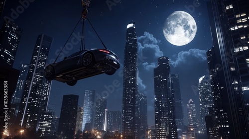 A luxury car being hoisted by a crane during a grand theft, towering skyscrapers in the background, night sky with a full moon, photo