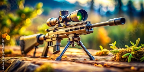 Close-Up of Precision Rifle with Scope in Tilt-Shift Style and Soft Bokeh Background for Firearm Enthusiasts