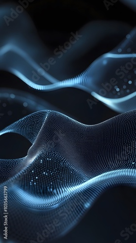A digital art piece featuring an abstract background with dark blue and silver tones, creating a sleek design that resembles flowing waves of light on the surface of water