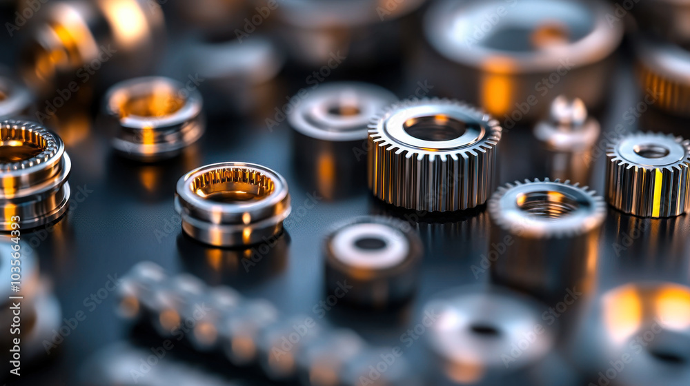 Close up of various industrial bearings and gears showcasing intricate designs and metallic textures. image highlights precision and craftsmanship involved in manufacturing these components Close up of various industrial bearings and gears showcasing intricate designs and metallic textures. image highlights precision and craftsmanship involved in manufacturing these components
