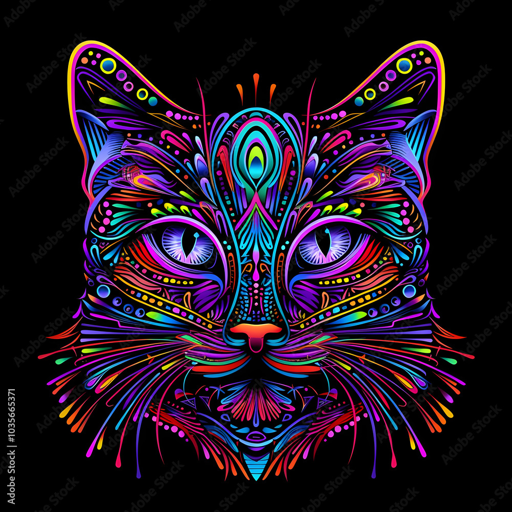 Naklejka premium Vibrant Psychedelic Cat Art Illustration in Neon Colors