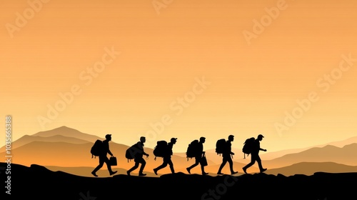 Silhouetted hikers trek across a mountainous landscape at sunset, AI