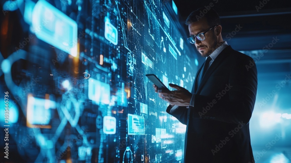 Fototapeta premium Business executive checking multiple notifications on smart devices, with a backdrop of futuristic office tech.