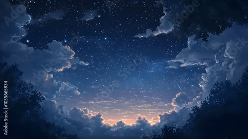 A 2D painted night sky with 3D stars twinkling above
