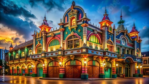 Colorful Cartoon Aesthetic Building in Low Light Photography for Artistic Fusion Design