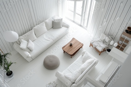 The top view of the Nordic style living room, mainly white tones, spacious and comfortable, simple and stylish vision,the Nordic style living room creates an elegant and comfortable scene.