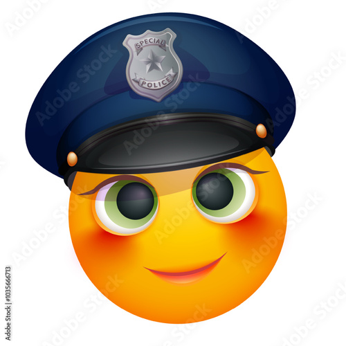 Female police officer emoji on white background. Emoticon with police hat. Cute emoticon.