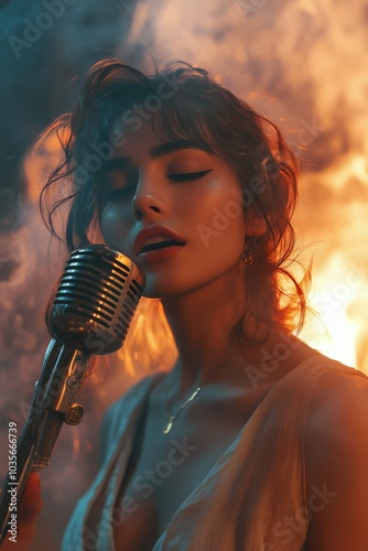 A young woman sings passionately into a vintage microphone surrounded by dram...