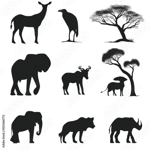 African Safari Animal Silhouettes: A collection of nine iconic African wildlife silhouettes, including elephants, rhinos, antelope, and acacia trees, perfect for travel. photo