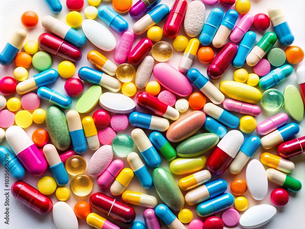 Colorful Drug Pills on White Surface with Space for Text - Health and Medicine Focus Colorful Drug Pills on White Surface with Space for Text - Health and Medicine Focus