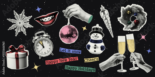 Happy New Year. Set of vectors cut out holiday elements. Trendy decor with halfton effect for a greeting card, collage, cover design.