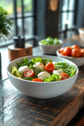 Fresh salad with mozzarella and cherry tomatoes served in elegant bowls on a ...